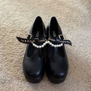 Koi Black Mary Jane Shoes with Pearl and Gold Chain
